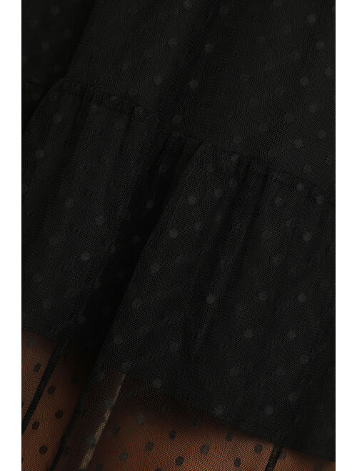 Lulus Romantic Spot Black Polka Dot Mesh Tiered Midi Dress