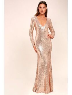 Capture the Moon Rose Gold Long Sleeve Sequin Maxi Dress