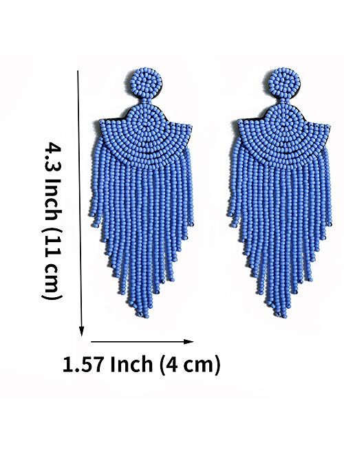 Luluping Long Beaded Tassel Earrings – Big Boho Native Handmade Bead Dangle Earrings for Women, Bohemian Large Statement Beaded Drop Fringe Earrings