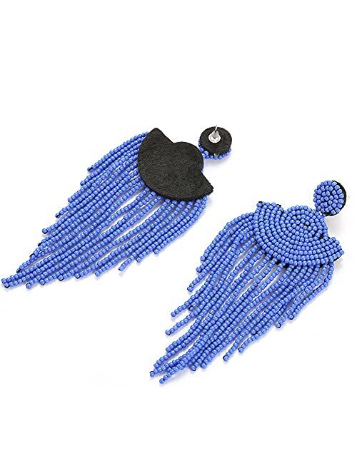 Luluping Long Beaded Tassel Earrings – Big Boho Native Handmade Bead Dangle Earrings for Women, Bohemian Large Statement Beaded Drop Fringe Earrings