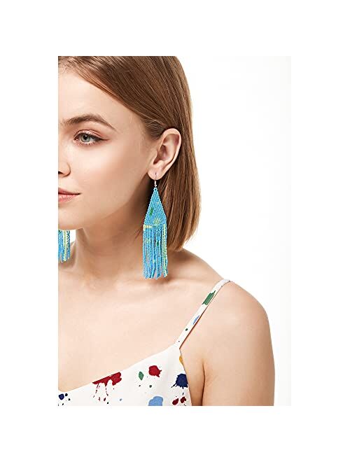 Luluping Long Beaded Tassel Earrings - Big Bohemian Statement Native Beaded Fringe Dangle Earrings for Women, Large Boho Handmade Bead Chandelier Drop Earrings