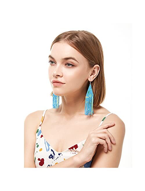 Luluping Long Beaded Tassel Earrings - Big Bohemian Statement Native Beaded Fringe Dangle Earrings for Women, Large Boho Handmade Bead Chandelier Drop Earrings