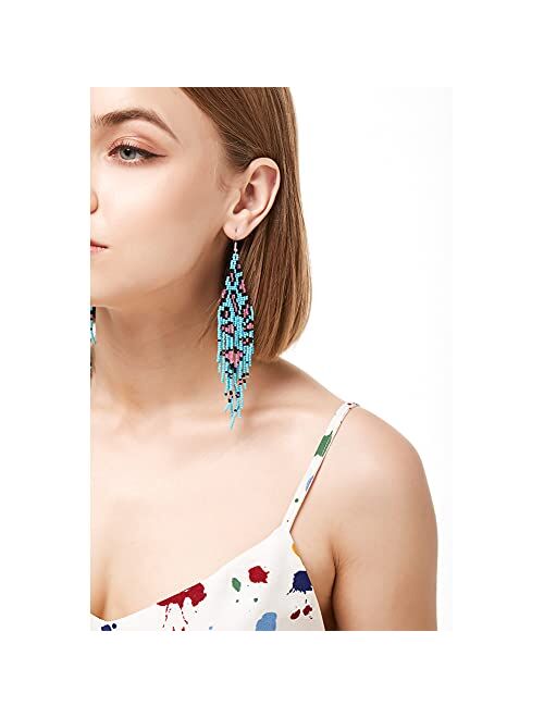 Long Beaded Tassel Earrings - Big Boho Statement Native Beaded Tassel Dangle Earrings for Women Girls, Large Bohemian Handmade Seed Bead Fringe Earrings