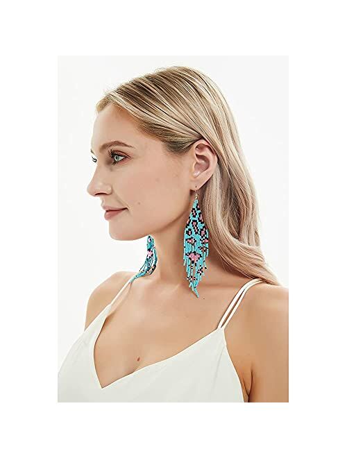 Long Beaded Tassel Earrings - Big Boho Statement Native Beaded Tassel Dangle Earrings for Women Girls, Large Bohemian Handmade Seed Bead Fringe Earrings