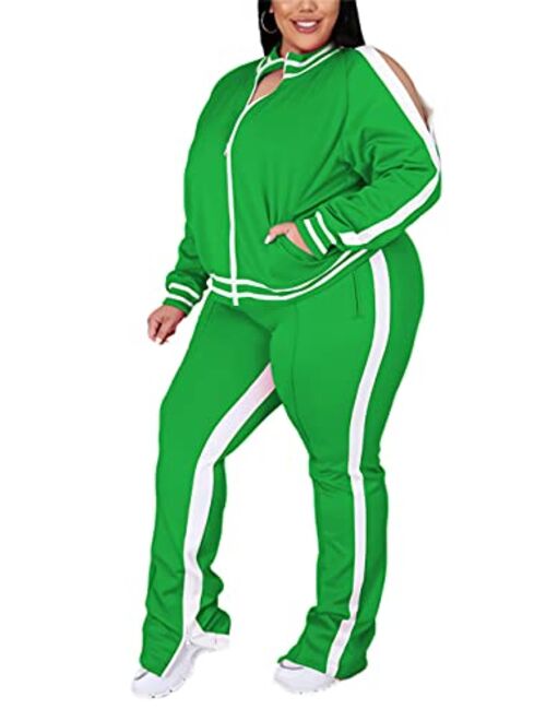 FcuteL Jogging Suits for Women Plus Size 2 Piece Striped Zipper Jacket Tracksuit Sweatpants Sweatsuits Sets