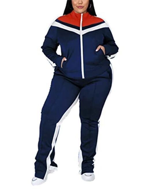 FcuteL Jogging Suits for Women Casual Plus Size 2 Piece Zip Stripe Sweatshirt Sweaptpant Sweatsuits Tracksuit Sets