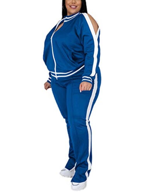 Nhicdns Women's Plus Size Tracksuit Jogging Suits 2 Piece Sweatsuit Sets Stripe Cold Shoulder Zipper Coat + Slit Long Sweatpants