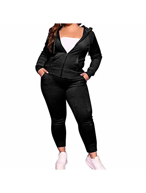 LyMoo Plus Size Velour Tracksuit for Women Set 2 Piece Joggers Velour Jogging Sweat Outfits Hoodie and Sweatpants Set