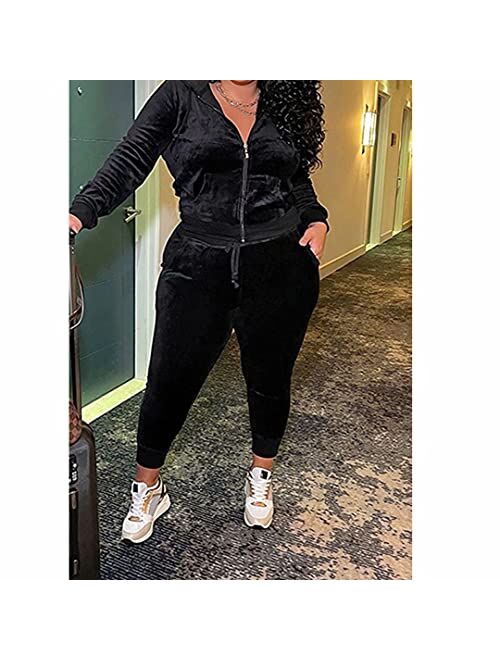 LyMoo Plus Size Velour Tracksuit for Women Set 2 Piece Joggers Velour Jogging Sweat Outfits Hoodie and Sweatpants Set