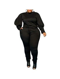 Women's Solid Plus Size Sweatsuit Set 2 Piece Long Sleeve Pullover and Drawstring Sweatpants Sport Outfits Sets