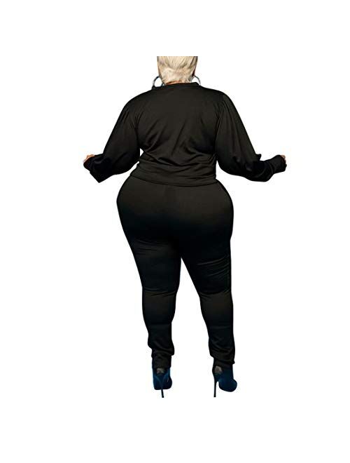 Women's Solid Plus Size Sweatsuit Set 2 Piece Long Sleeve Pullover and Drawstring Sweatpants Sport Outfits Sets