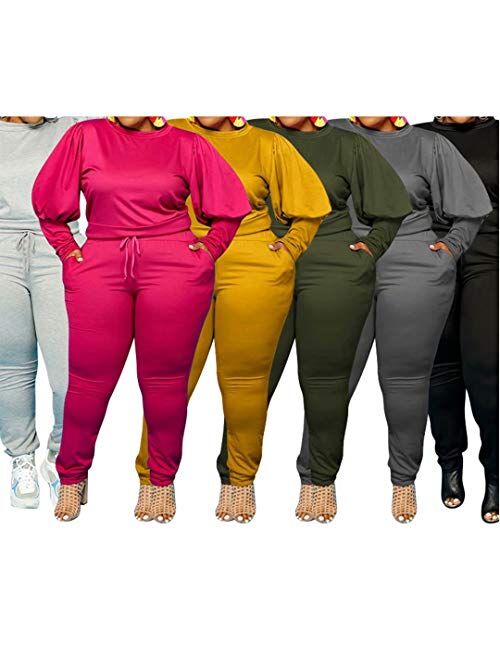 Women's Solid Plus Size Sweatsuit Set 2 Piece Long Sleeve Pullover and Drawstring Sweatpants Sport Outfits Sets