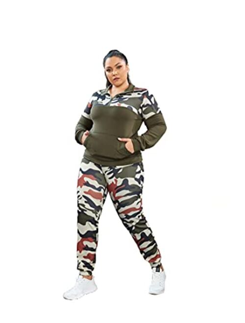 Sishang Women's 2 Piece Plus Size Outfits Sweatsuit with Pocket,Tracksuit Camouflage Long Sleeve Oversized,XL to 5XL