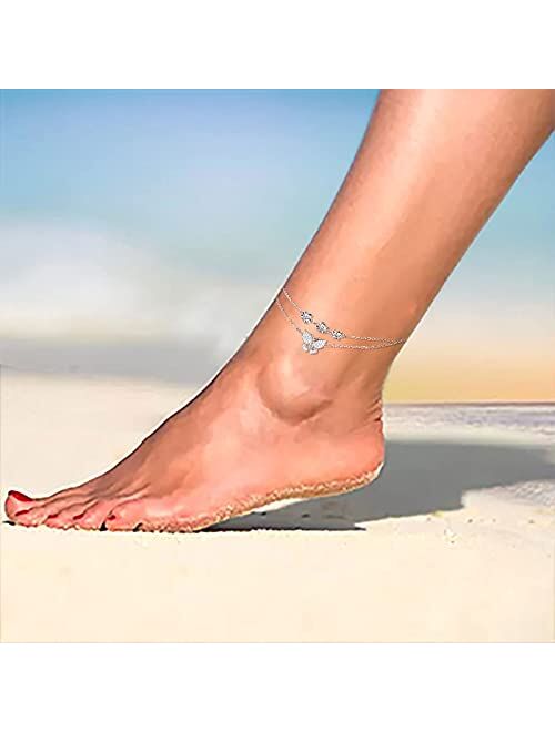 Anklets for Women Girls 925 Sterling Silver Ankle Bracelets Evil Eye Cats Cross Butterfly Flowers Infinity Musical Notes Foot Chain Beach Jewelry with Adjustable Chain