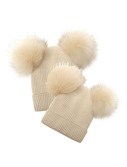 Kds Boys Girls Winter Hat Warm Fleece Lined Knit Kids Hat with Pompom Ears Elastic Knitted Beanie Hats