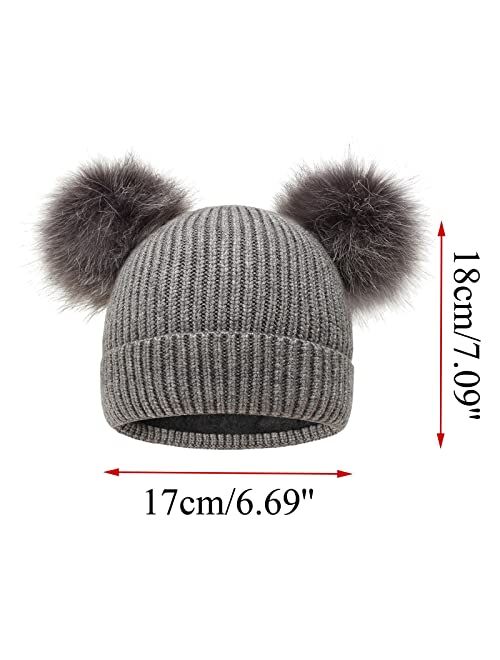 Kds Boys Girls Winter Hat Warm Fleece Lined Knit Kids Hat with Pompom Ears Elastic Knitted Beanie Hats