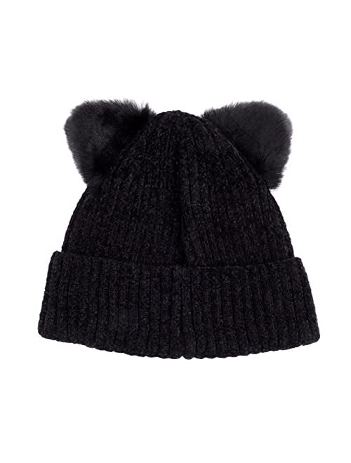 BUTITNOW Kids Girls Boys Multi-Color Ear Double Pom Pom Beanie Hat Winter Warm Rib Knitt Ski Hats (Age 7-12)