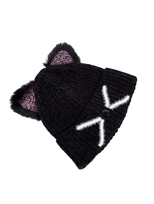 BUTITNOW Kids Girls Boys Multi-Color Ear Double Pom Pom Beanie Hat Winter Warm Rib Knitt Ski Hats (Age 7-12)
