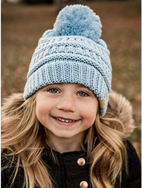Kids Winter Knitted Pom Beanie Bobble Hat Cotton Lined Faux Fur Ball Pom Pom Cap Unisex Kids Beanie Hat