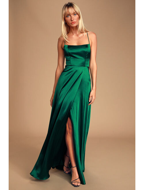 Lulus Althea Forest Green Satin Lace-Up Maxi Dress