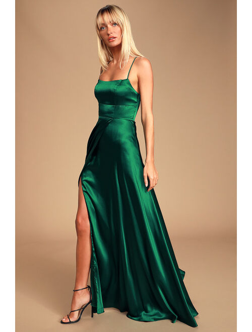Lulus Althea Forest Green Satin Lace-Up Maxi Dress