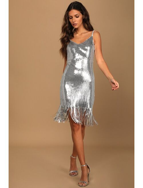 Lulus Glitter in the Air Silver Sequin Fringe Bodycon Dress