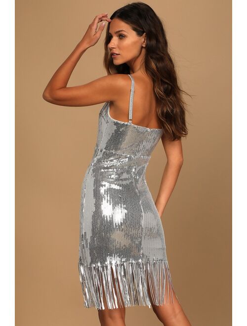 Lulus Glitter in the Air Silver Sequin Fringe Bodycon Dress
