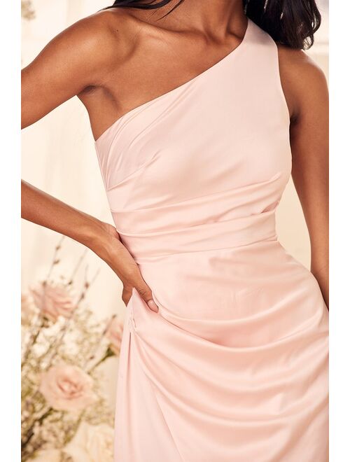 Lulus Dreaming of Elegance Blush Pink Satin One-Shoulder Maxi Dress