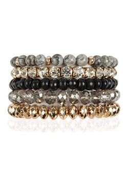 Bohemian Natural Stone Beaded Multi Layer Stacking Statement Bracelets - Sparkly Crystal, Wood, Tassel Charm Stretch Prayer Cuff Bangle Set