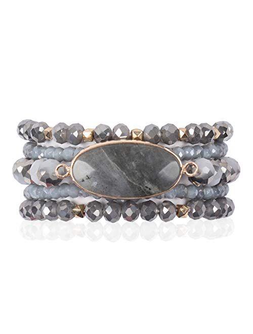 Riah Fashion Bohemian Multi Layer Beaded Strand Stack Bracelets - Sparkly Crystal, Natural Stone Pendant, Rhinestone Bead Statement Stretch Adjustable Bangle Set