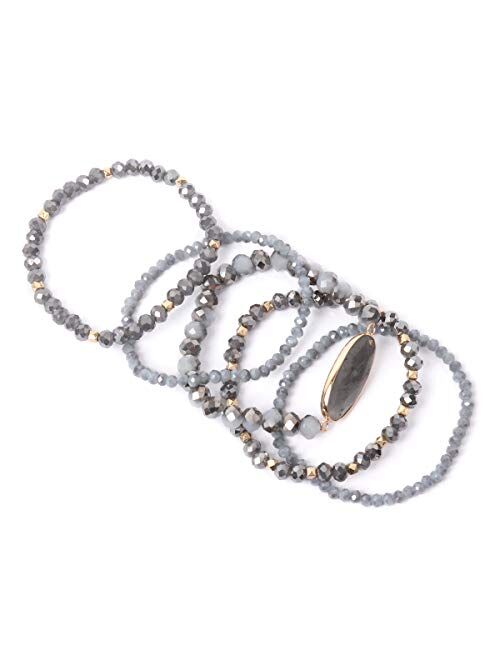 Riah Fashion Bohemian Multi Layer Beaded Strand Stack Bracelets - Sparkly Crystal, Natural Stone Pendant, Rhinestone Bead Statement Stretch Adjustable Bangle Set