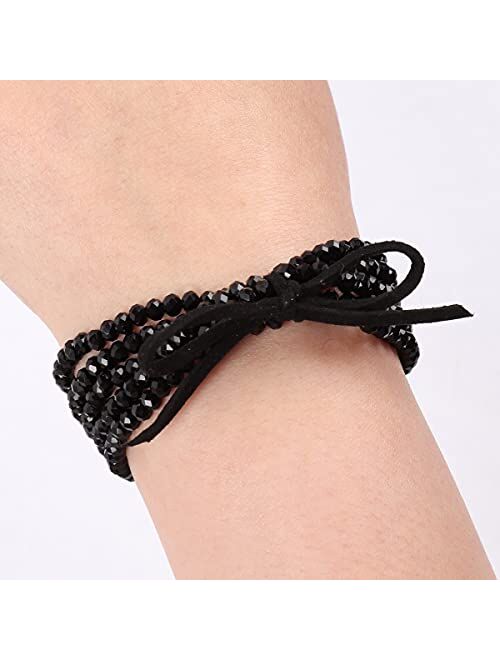 RIAH FASHION Bohemian Multi-Layer Beaded Stacking Statement Bracelets - Versatile Stretch Strand Sparkly Crystal Delicate Bar Slip-on Cuff Bangle Set