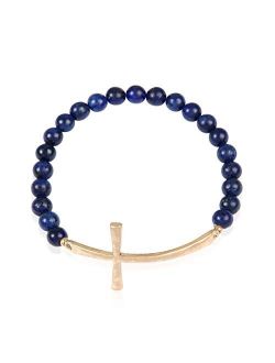 Cross Metallic Bar Beaded Stretch Bracelet - Religious Christian Strand Natural Stone, Sparkly Crystal Prayer Cuff Bangle