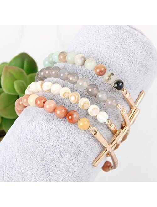 Riah Fashion Cross Metallic Bar Beaded Stretch Bracelet - Religious Christian Strand Natural Stone, Sparkly Crystal Prayer Cuff Bangle