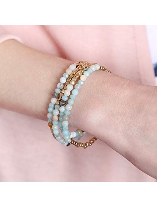 RIAH FASHION Delicate Boho Beaded Multi Layer Versatile Statement Bracelets - Stackable Stretch Strand Cuff Bangles Sparkly Crystal, Natural Stone, Tassel Charm