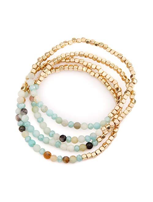 RIAH FASHION Delicate Boho Beaded Multi Layer Versatile Statement Bracelets - Stackable Stretch Strand Cuff Bangles Sparkly Crystal, Natural Stone, Tassel Charm