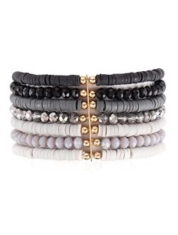 Bohemian Multi-Layer Beaded Stacking Statement Bracelets - Versatile Strand Stretch Sparkly Crystal Beads Wrap Slip-on Cuff Bangle Set