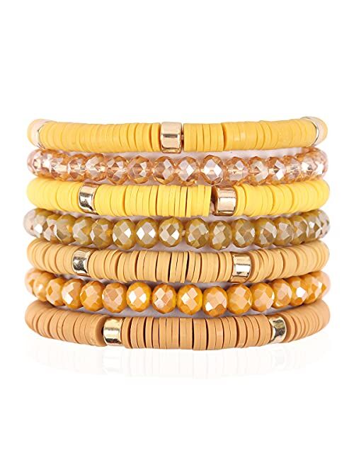 Riah Fashion Bohemian Multi-Layer Beaded Stacking Statement Bracelets - Versatile Strand Stretch Sparkly Crystal Beads Wrap Slip-on Cuff Bangle Set