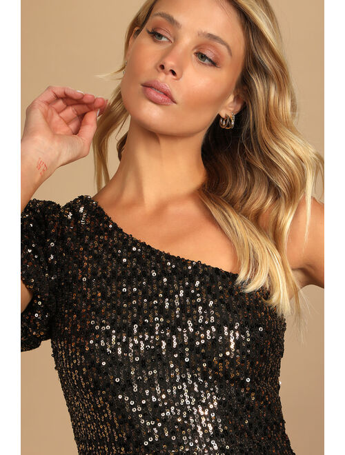 Lulus Truly Magical Black and Gold Sequin One-Shoulder Bodycon Dress
