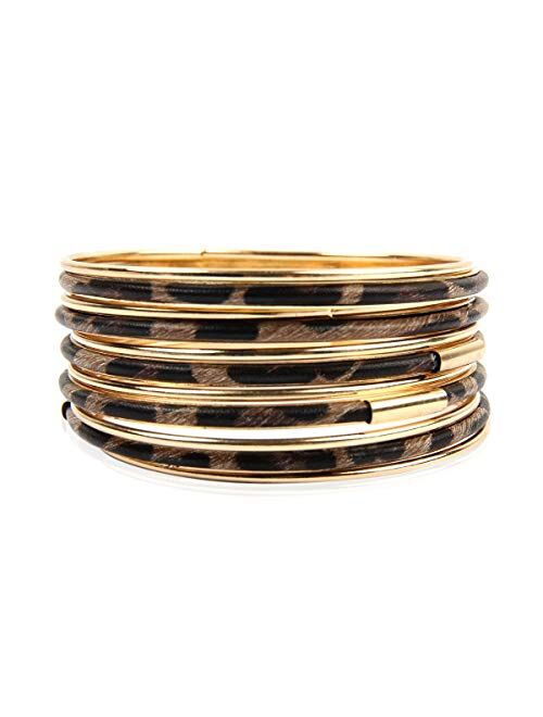 RIAH FASHION Bohemian Multi Layer Cuff Bracelet - Gypsy Statement Infinity Stackable Wrist Bangle Set Metallic Leopard Animal, Genuine Leather, Turquoise
