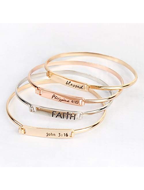 RIAH FASHION Inspirational Message Quote Engraved Bar Metallic Tag Bracelet - Lettering Cuff Bangle Christian Bible Religious, Amazing Grace, Blessed, Faith Prayer