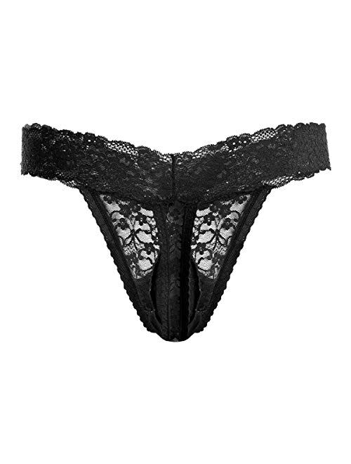 Men's Lace Frilly Sissy Thong Panties Sheer Mesh Bikini Briefs T-back G-string Underwear