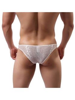 Men's Sissy Lace Floral Bulge Pouch Bikini Panties Low Rise Mesh Translucent Crossdress Lingerie Underwear