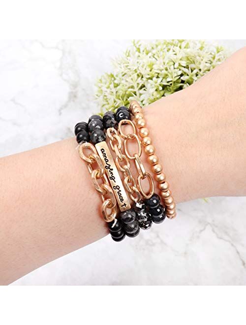 Riah Fashion Inspirational Message Stretch Prayer Bead Bracelet - Christian Bible Cuff Blessed, Faith, Love, Hope Natural Stone, Multi Layer Stacking Strand Bangle Set