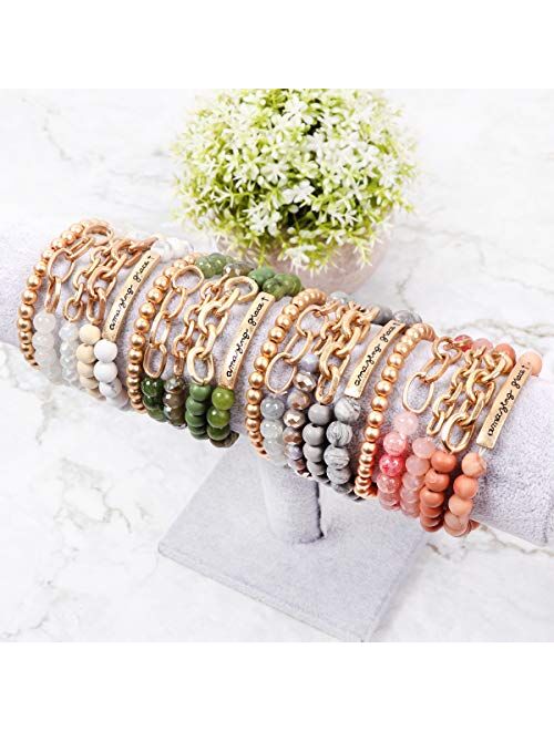 Riah Fashion Inspirational Message Stretch Prayer Bead Bracelet - Christian Bible Cuff Blessed, Faith, Love, Hope Natural Stone, Multi Layer Stacking Strand Bangle Set