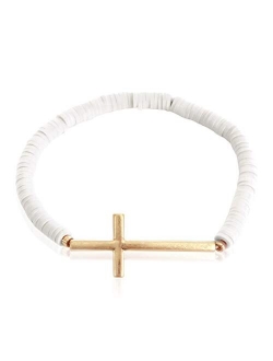 Religious Cross Bead Stacking Beaded Stretch Statement Bracelets - Inspirational Message Sparkly Crystal, Wood Bible Christian Prayer Bangle Set