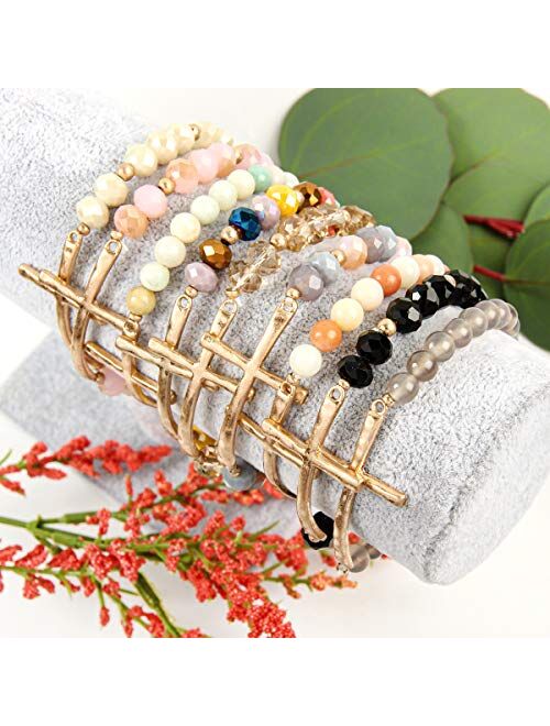 RIAH FASHION Religious Cross Bead Stacking Beaded Stretch Statement Bracelets - Inspirational Message Sparkly Crystal, Wood Bible Christian Prayer Bangle Set