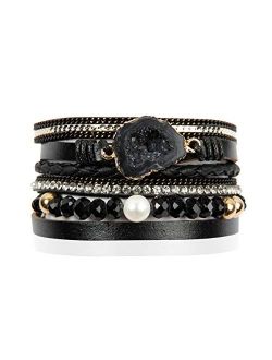 Bohemian Leatherette Wrap Multi Layer Statement Bracelet - Wrist Cuff Cubic Rhinestone, Sparkly Bead, Faux Druzy Crystal, Natural Stone Pearl