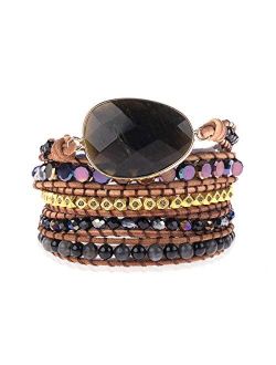 Bohemian Handmade Natural Stone Charm Beaded Wrap Adjustable Bracelets - Boho Women Multi Beads Pendant Layer Strand Bracelet