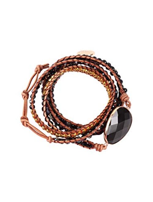 RIAH FASHION Bohemian Handmade Natural Stone Charm Beaded Wrap Adjustable Bracelets - Boho Women Multi Beads Pendant Layer Strand Bracelet